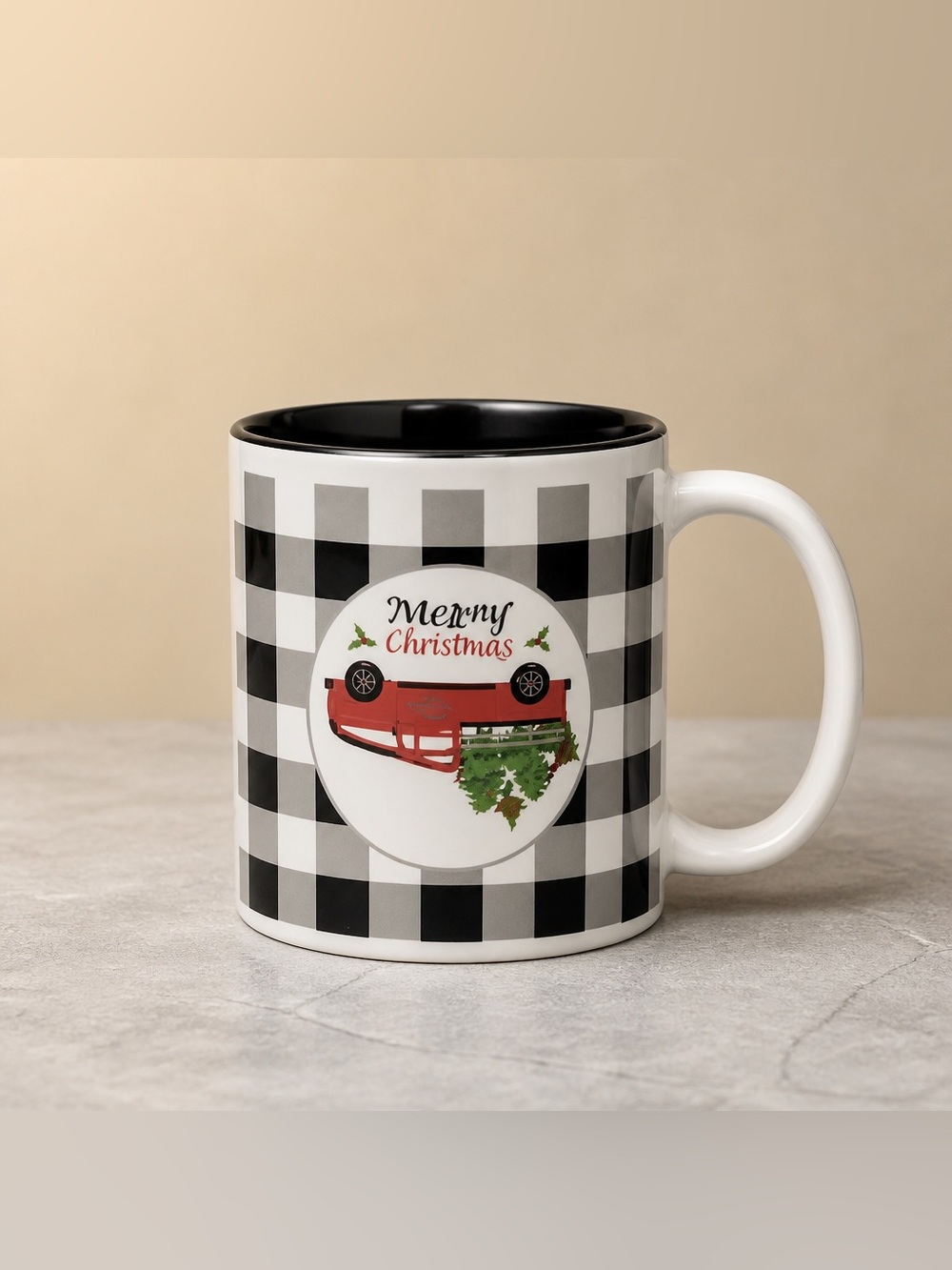 Merry Christmas Little Red Truck Upside Down Checkered Cup 8OZ.